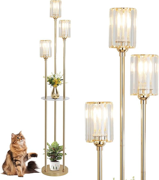 HMVPL Gold Floor Lamps for Living Room, Modern Floor Lamp with Shelves, Crystal Standing Lamps with Table, Brass Tall Lamp with Crystal Shade, On/Off Switch, Mid Century Corner Floor Lamp for Bedroom - Aura Lighting