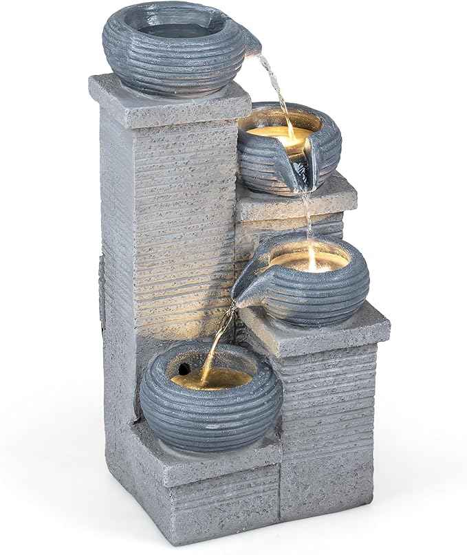 Giantex 4-Tier Water Fountain Outdoor, 23 Inch Cascading Bowls Waterfall Fountain with Warm LED Lights & Pump, Outside Zen Water Feature for Patio, Balcony, Deck, Garden, Yard Decor
