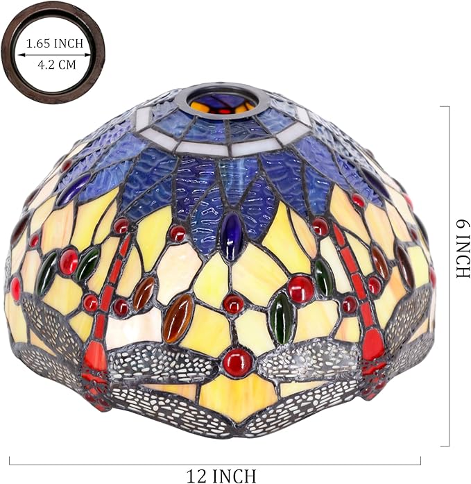 Tiffany Lamp Shade Replacement 12X6 Inch Stained Glass Lampshade Only 1-5/8-Inch Fitter Opening for Arched Floor Lamp, Torchiere Lamp, Pendant Light (Orange Blue Dragonfly)