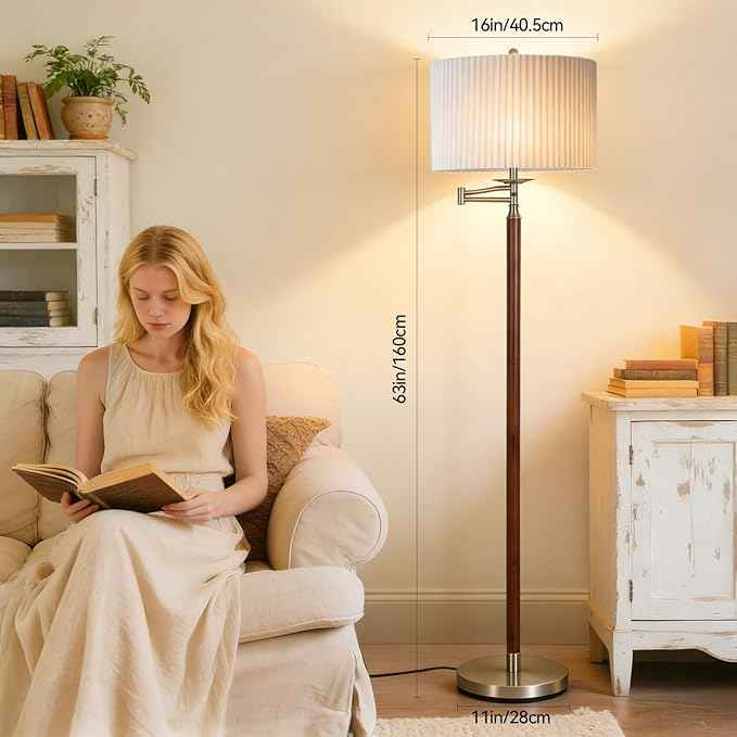 Traditional 350° Adjustable Swing Arm Farmhouse Floor Lamp for Bedroom, Modern Floor Lamps with Pleated Shade for Living Room, Rustic Standing Lamp Pole Lamps for Reading and Office