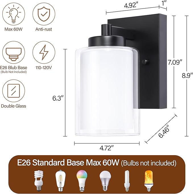 Pia Ricco Wall Sconces Set of Two, Hardwired Bathroom Wall Sconce with Double Glass Shade, Modern Bedside Wall Lamps, Farmhouse Vanity Light Black Wall Lights for Living Room, Bedroom, Hallway - Aura Lighting