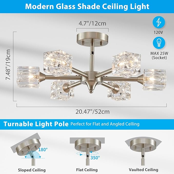 XINGQI Brushed Nickel Chandelier 6-Light 20" Semi Flush Mount Ceiling Light Fixture Modern Round Sputnik Chandelier for Bedroom Entryway Dining Room Living Room - Aura Lighting