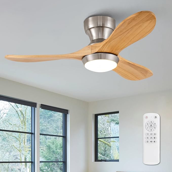 36 Inch Wood Flush Mount Ceiling Fans with Lights and Remote, Dimmable 3 Blades Bedroom Ceiling Fan Outdoor Ceiling Fans for Patios Low Profile Ceiling Fan with Light for Living Room
