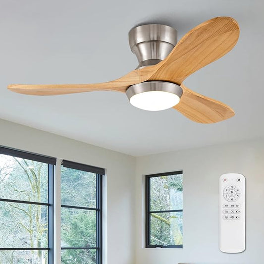 36 Inch Wood Flush Mount Ceiling Fans with Lights and Remote, Dimmable 3 Blades Bedroom Ceiling Fan Outdoor Ceiling Fans for Patios Low Profile Ceiling Fan with Light for Living Room