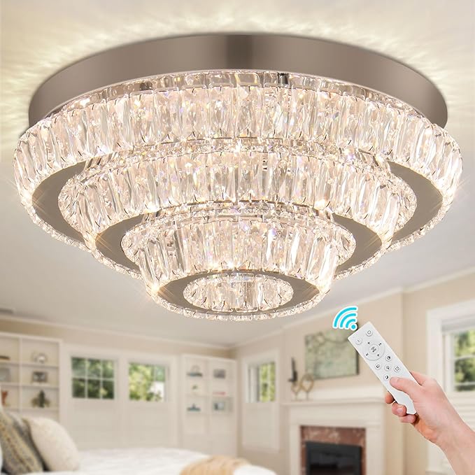 Modern 16.5" Crystal Chandelier Flush Mount, 3-Tier Round 50W Dimmable LED Ceiling Light with Remote, K9 Crystal Ceiling Fixture for Bedroom Living Room Dining Room, Low Ceilings