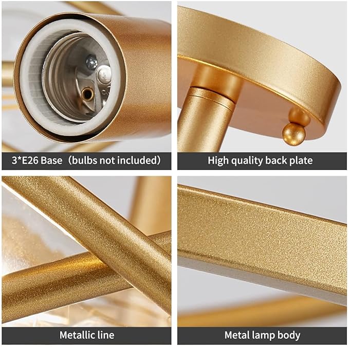 WUZUPS Chandelier 3-Light Vintage Farmhouse Industrial Semi-Flush Mount Ceiling Light Modern Lighting Fixture for Foyer Bedroom Hallway Storage Room Kitchen Bathroom, H 9.4" x W 12", E26 Base, Gold