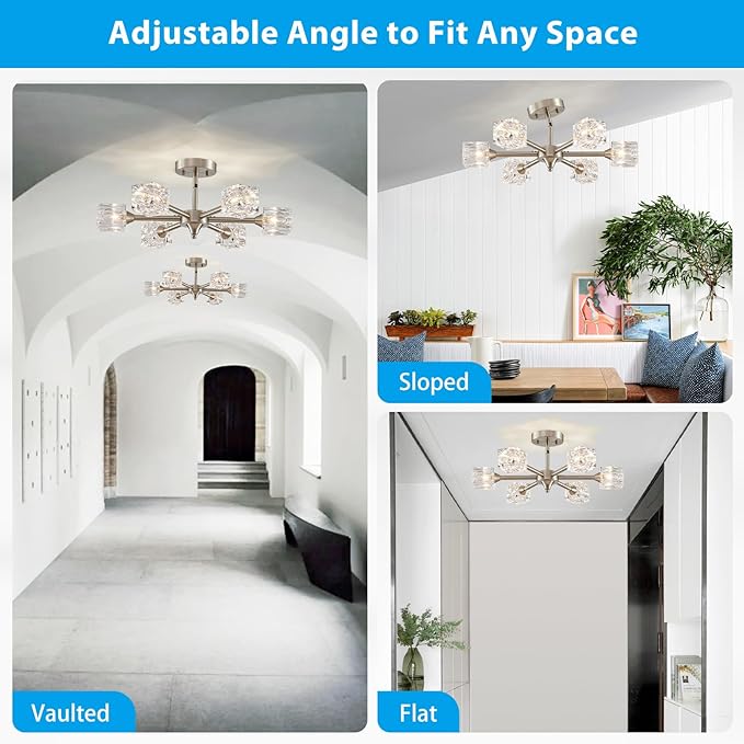 XINGQI Brushed Nickel Chandelier 6-Light 20" Semi Flush Mount Ceiling Light Fixture Modern Round Sputnik Chandelier for Bedroom Entryway Dining Room Living Room - Aura Lighting