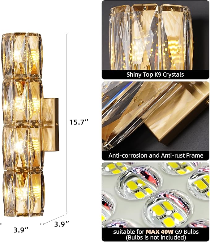 Crystal Wall Sconces Lighting, Modern Gold Wall Light Fixture, Elegant Vanity Wall Lighting Mount for Living Room Bedroom Bathroom Crystal Vanity Light Fixture for Indoor Hallway Doorway Stairway - Aura Lighting