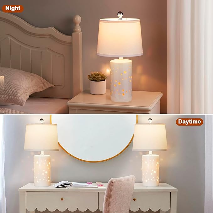 20.5" Modern White Ceramic Table Lamp Set of 2 for Bedroom Living Room Desk Lamp Small Bedside Lamps with Nightlight for Study Room Office Dorm Nightstand Lamp Side Table Lamp-LED Bulbs Include