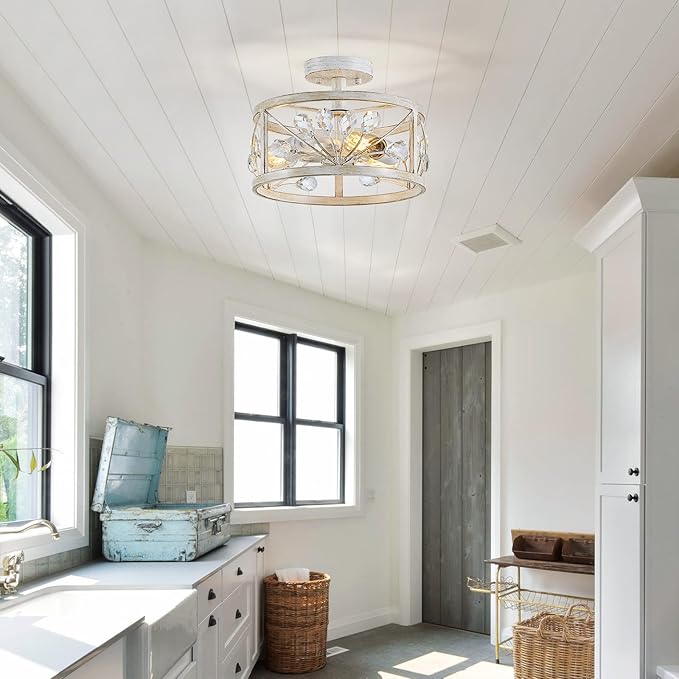 WUZUPS Crystal Leaf Chandelier 3-Light Vintage Farmhouse Industrial Semi-Flush Mount Ceiling Light Lighting Fixture for Foyer Hallway Storage Room Kitchen Bathroom, H 8.5" W 12", Antique White