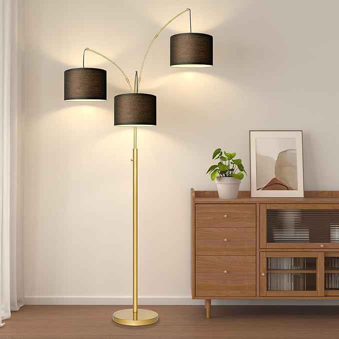 Nintiue Dimmable Floor Lamp - 3 Lights Gold Floor Lamps for Living Room with Black Shades & Heavy Base, Mid Century Tree Floor Lamp for Bedroom Office, 3 LED Bulbs Included