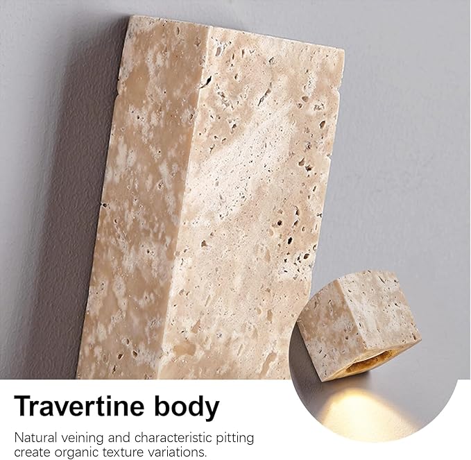 Rectangle Yellow Travertine Wall Lamp, 23.6" H Long Linear Stone Wall Sconce with Glass Lampshade, Japanese Style Wabi-Sabi Art Decor Lighting Fixture for Bedroom Living Room Dining Room