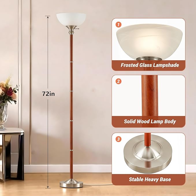 EJIAXIN Wood Floor Lamp for Living Room - Brushed Nikel Torchiere Floor Lamps for Bedroom Standing Lamp with Glass Shade - Mid Century Modern Corner Tall Lamps for Home Office Nursery Reading Light