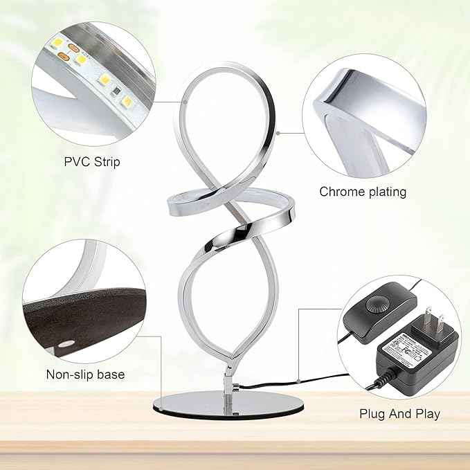 Mayful Modern Table Lamp with LED Spiral Design, Bedside Lamp with Stepless Dimming Switch, Contemporary Nightstand & Chrome Table Lamp for Bedroom, Living Room, Home Office, 12W 3200K Warm White