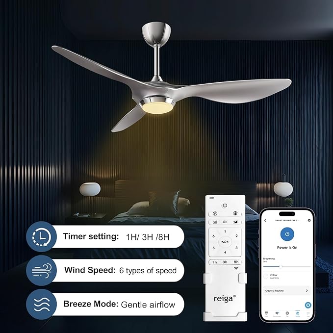 reiga 52 Inch Modern Smart Wifi Ceiling Fan with Light and Remote Control, Living Room Bedroom patio 3 Blade Ceiling Fans with Reversible Mute DC Motor, Silver - Aura Lighting