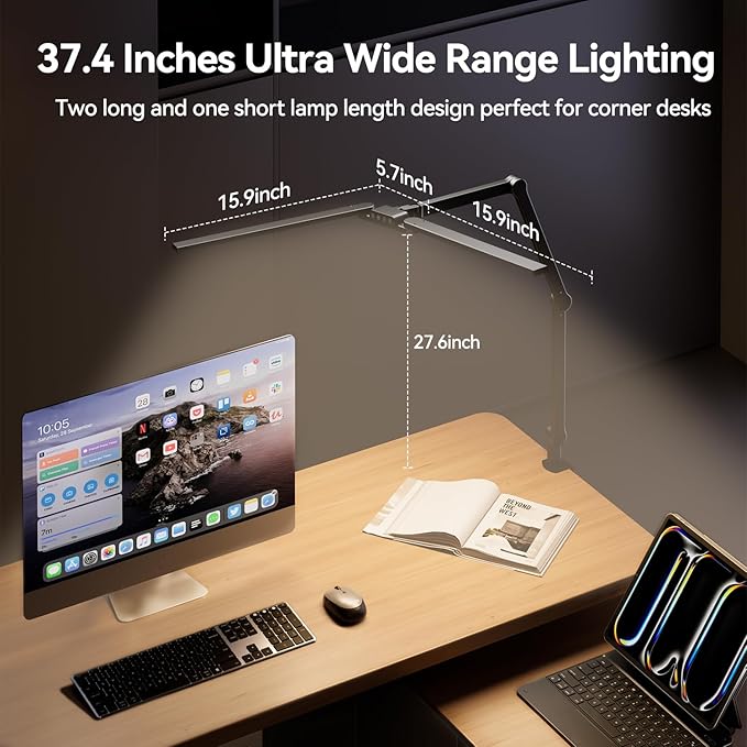 LED Architect Desk Lamp with Clamp - 24W Ultra Bright Adjustable Swing Arm Light for Home Office, 3000 Lumen Auto Dimming Computer Lamp with Stepless Touch Control, Rotatable for Video Calls, Drafting - Aura Lighting