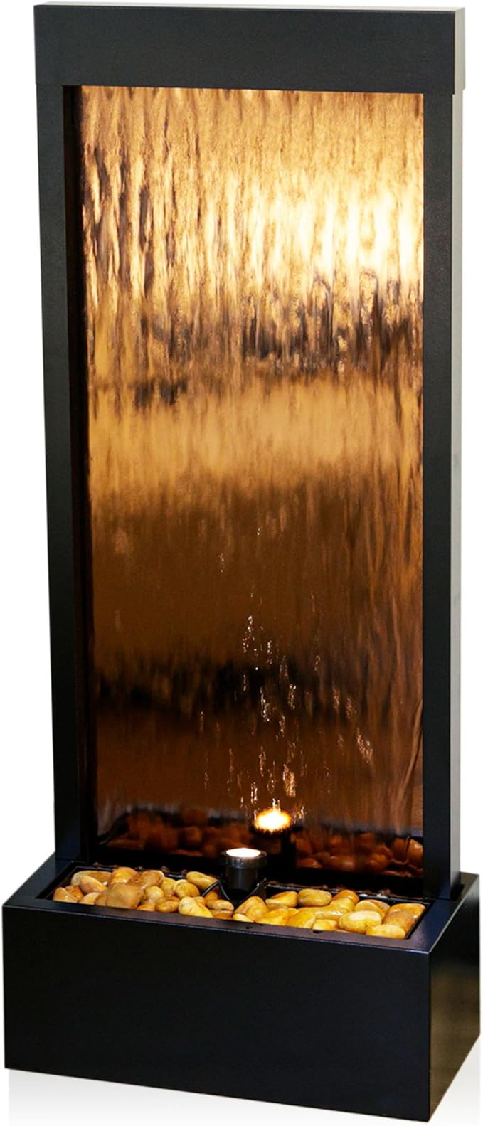 Alpine Corporation 48" Tall Indoor Modern Wall Mounted Zen Mirror Waterfall Floor Fountain with Stones and LED Lights Decor for Office, Living Room, Entryway, Bronze