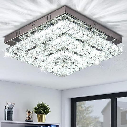 11.8" Crystal Chandelier LED Crystal Flush Mount Ceiling Light Modern Chandeliers Square Ceiling Light for Bedrooms Hallway Kitchen Office (6500K Cool White) Without Remote Control