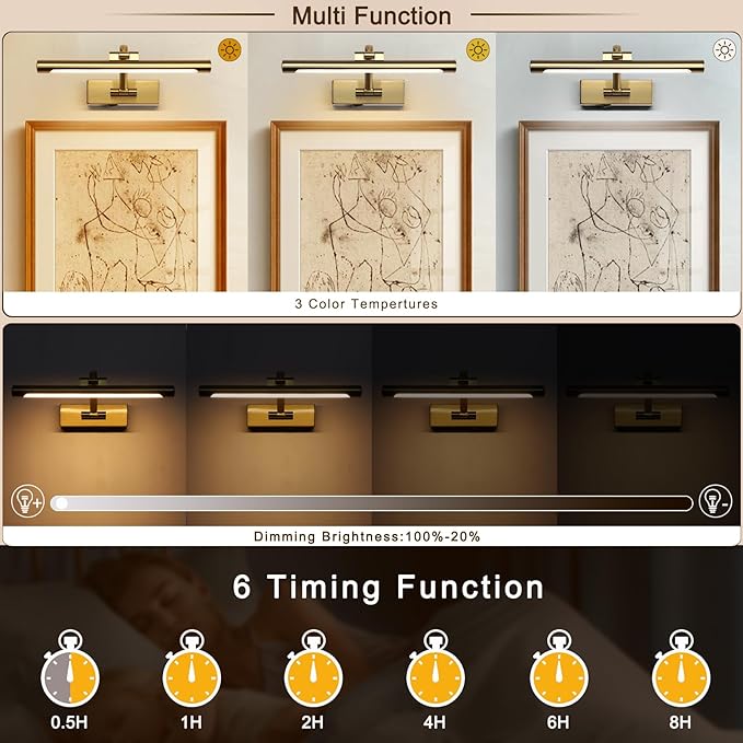 12.6 inch LED Wireless Picture Lights for Wall Rechargeable, Battery Operated Art Light for Paintings, 3CCT Dimmable, Brass Finish with Remote, Rotatable Gallery Light for Pictures Display