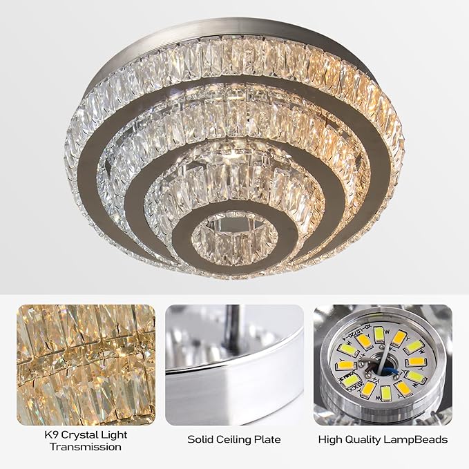 Modern 16.5" Crystal Chandelier Flush Mount, 3-Tier Round 50W Dimmable LED Ceiling Light with Remote, K9 Crystal Ceiling Fixture for Bedroom Living Room Dining Room, Low Ceilings