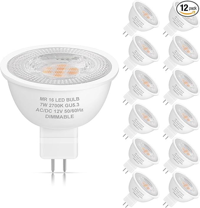 Yochoice 12-Pack MR16 LED Dimmable Light Bulb 70 Watt Halogen Equivalent, 2700K Warm White 7W GU5.3 12V Low Voltage Spotlight Bulb, Track Light Bulb for Outdoor Flood Landscape Lighting