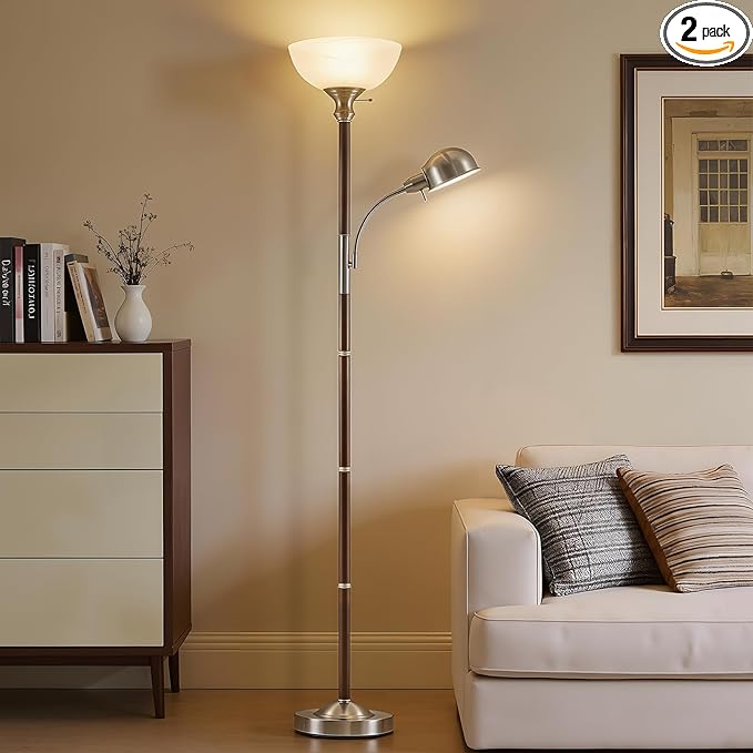 EJIAXIN Wood Floor Lamp for Living Room - Walnut Torchiere Floor Lamps for Bedroom Standing Lamp with Glass Shade - Mid Century Modern Corner Tall Lamps for Home Office Nursery Reading Light,2 Head