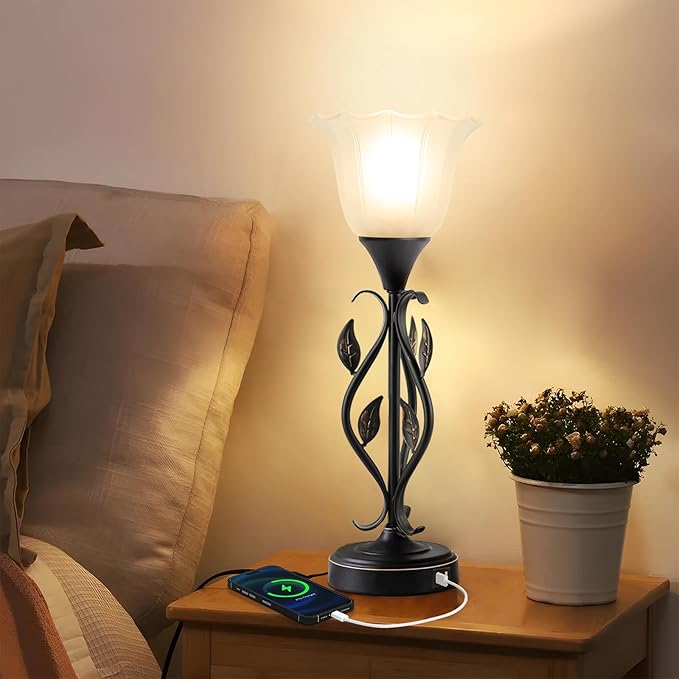 Touch Table Lamps for Bedroom Set of 2, Bedside Lamps with USB Ports, 3-Way Dimmable Decorative Nightstand Lamp Rustic Leaf Torchiere Glass Flower Lamp for Living Room Dresser (Bulbs Included)