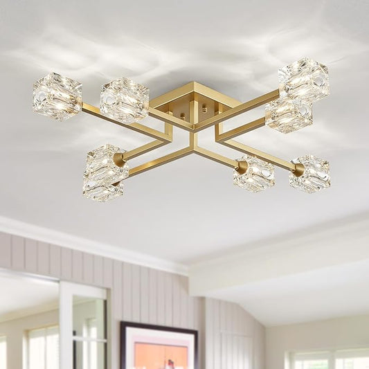 XINGQI Gold Modern Sputnik Chandelier Farmhouse Ceiling 8 Lights Industry Semi Flush Mount Ceiling Light Fixture, Mid Century for Dining Room, Farmhouse Kitchen, Bedroom, Office - Aura Lighting