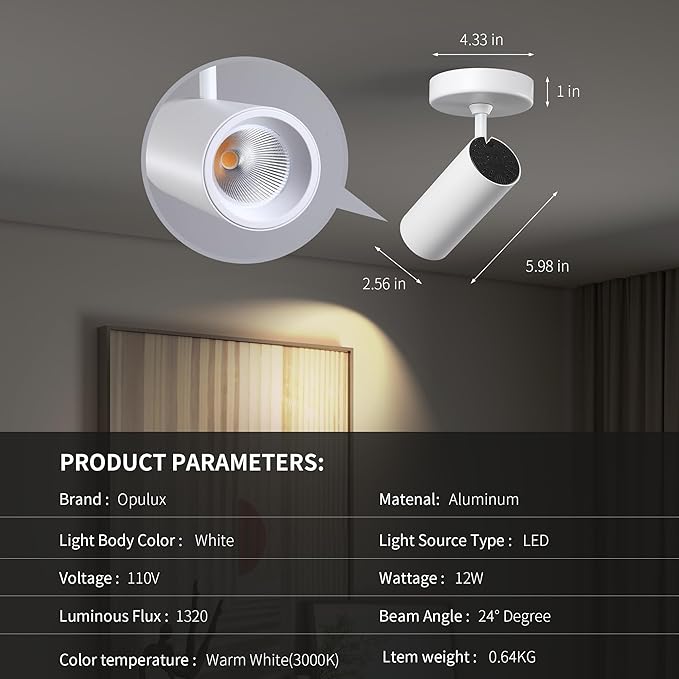 12W LED Dimmable Ceiling Spotlight Indoor - Adjustable Surface Accent Lamp for Home Corridor, Painting, Warm White 3000K, CRI 97 Anti-Glare Picture Artwork Spot Light, White Finish, 4 Packs