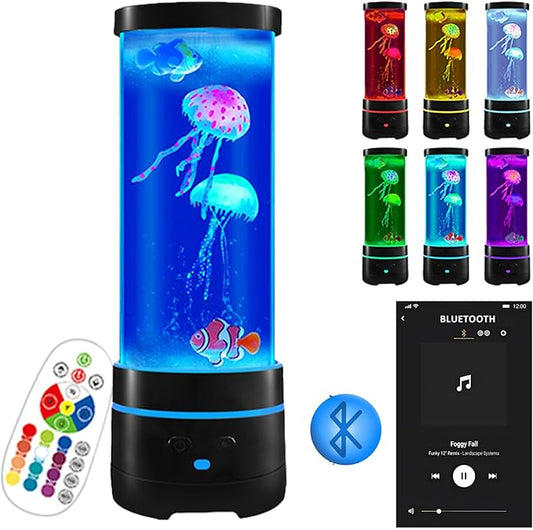 15" Jellyfish Light with Bluetooth Speaker,Black Modern Cylindrical Aquarium with 4 Jellyfish (2 Large + 2 Small), 16-Color Remote Control LED Lights,USB Powered,For Home and Office Decoration