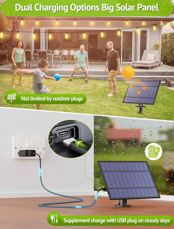 144FT(3x48FT) Solar Outdoor String Lights with Remote & Timer, Waterproof Dimmable Patio Lights with 54+3 ST38 LED Bulbs for Porch Party-Black