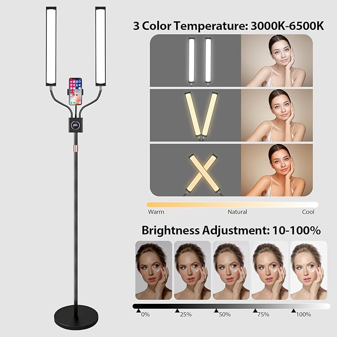 Lash Light for Eyelash Extension LED Floor Lamp with 3 Color Temperature, Lash Lamp Esthetician Light for Tattoos, Nail, Photograph, Adjustable Brightness Height with Phone Holder (Black)