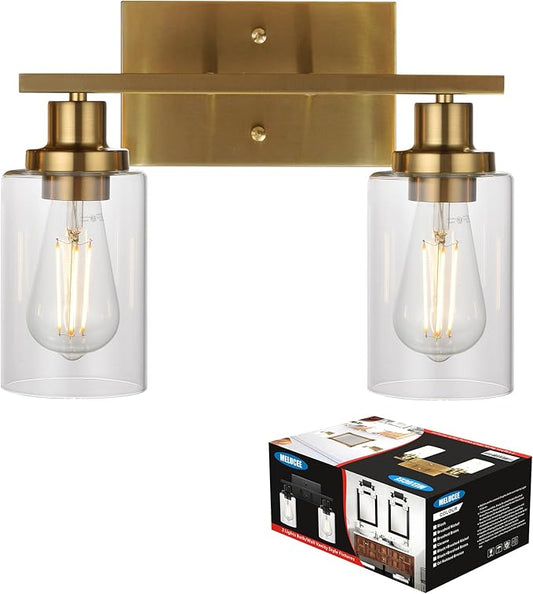 MELUCEE 2-Light Wall Sconce Brushed Brass Vanity Light Fixture Modern Style with Clear Glass Shade for Bathroom Hallway Bedroom Living Room Kitchen - Aura Lighting