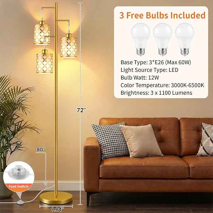 New Upgraded 72" Tall Dimmable Floor Lamp with 3 x 1100LM 12W Bright LED Bulbs, Farmhouse Standing Lamp with Remote Control, Industrial Tree Pole Floor Lamps for Living Room, Bedroom, Office - Gold
