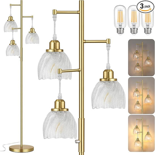 ROTTOGOON Dimmable Gold Floor Lamps for Living Room, Vintage Tree Standing Lamp with Glass Shades, 3 Light Mid Century Flower Floor Lamps for Bedroom, Office, 6W, Brushed Gold & Clear Shades