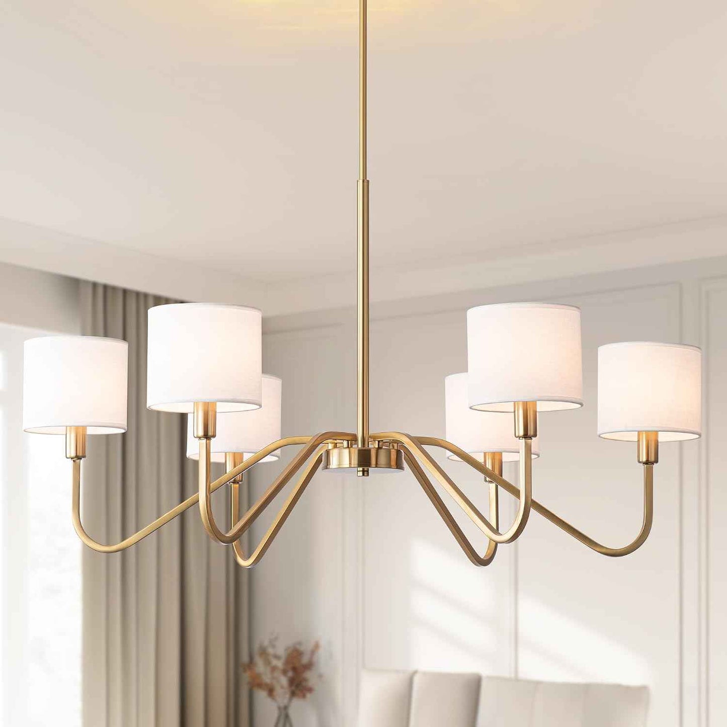 Modern Gold 6-Lights Chandelier, 39" Pendant Light with White Fabric Shade Adjustable Classic Chandelier Light Fixtures for Kitchen Island Dining & Living Room Entryway