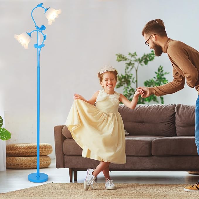 HMVPL Blue Floor Lamp for Living Room, Flower Standing Lamp with 2 LED 5W Blubs, Foot Switch, Floral Tall Lamp with Acrylic Shade, Antique Lotus Flower Floor Lamp for Living Room Office Reading - Aura Lighting