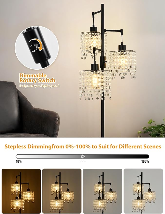 64" Crystal Floor Lamp with 3 Lights, Elegant Crystal Floor Lamp, Modern Standing Lamp, Gold Metal Base, K9 Crystal Beads with Grey Accentsfor Living Room, Bedroom, Office