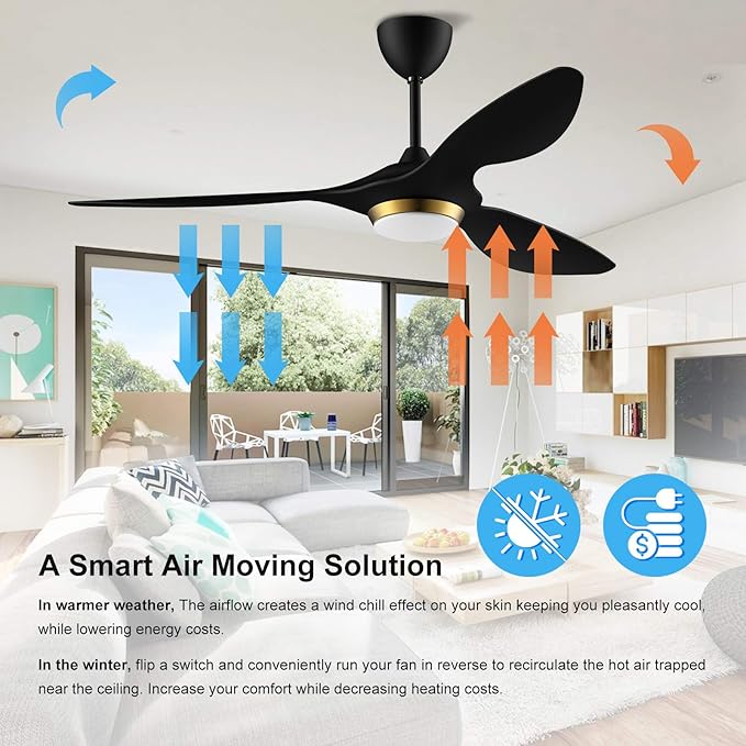 reiga 52 Inch Black Modern Ceiling Fans with Lights and Remote Control, Smart WiFi 3 Blades Quiet DC Motor for Living Room Bedroom Patio Garage, ETL Listed - Aura Lighting