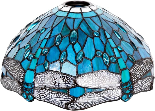 Tiffany Lamp Shade Replacement 12X6 Inch Stained Glass Lampshade Only 1-5/8-Inch Fitter Opening for Arched Floor Lamp, Torchiere Lamp, Pendant Light (Blue Dragondry)