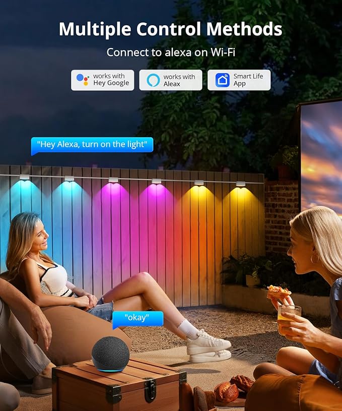 Outdoor Deck Lights 16 Packs, Smart RGBCW Fence Light, 100+ Scene Modes, Dual Lens LED String Lights with APP/Voice/Remote Control, IP65 Waterproof for Halloween Christmas Decor, 105ft White