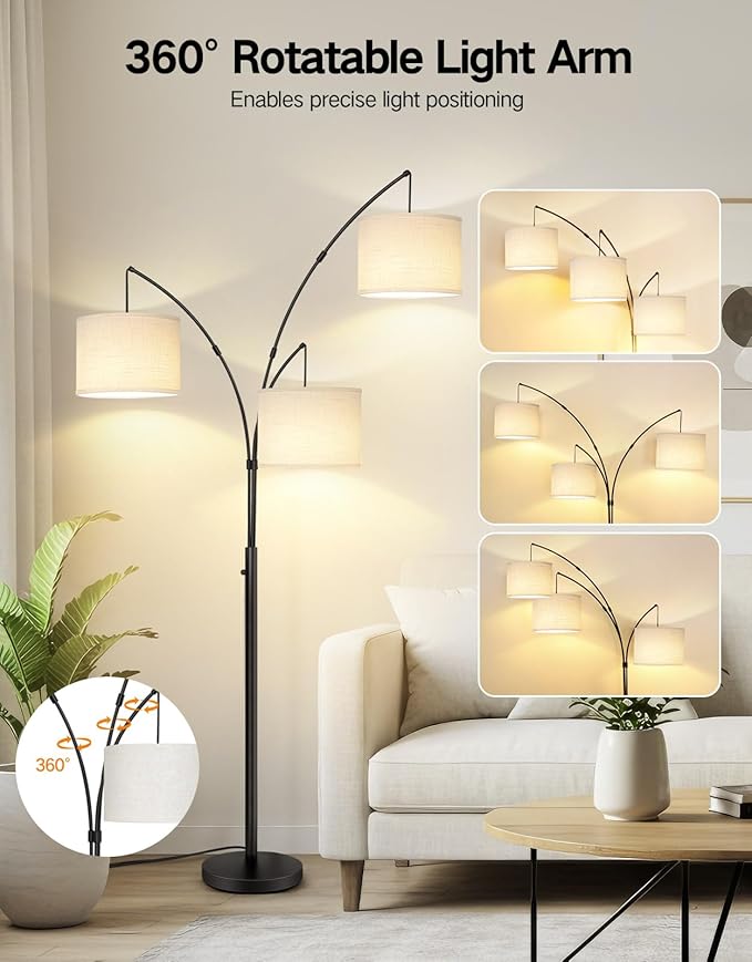OUTON Arc Led Floor Lamp, Modern Black 3 Light Tall Floor Lamp for Bedroom, 2400lm Mid Century Adjustable Standing Corner Lamps for Living Room Office, 3 LED Bulbs Included, White Lampshade