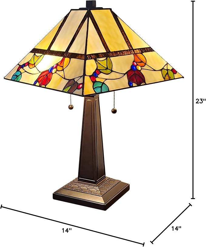 Tiffany Style Table Lamp Banker Mission 22" Tall Stained Glass Tan Blue Red Orange Green Vintage Antique Light Décor Night Stand Living Room Bedroom Handmade Gift AM301TL14B Amora Lighting, Multicolor