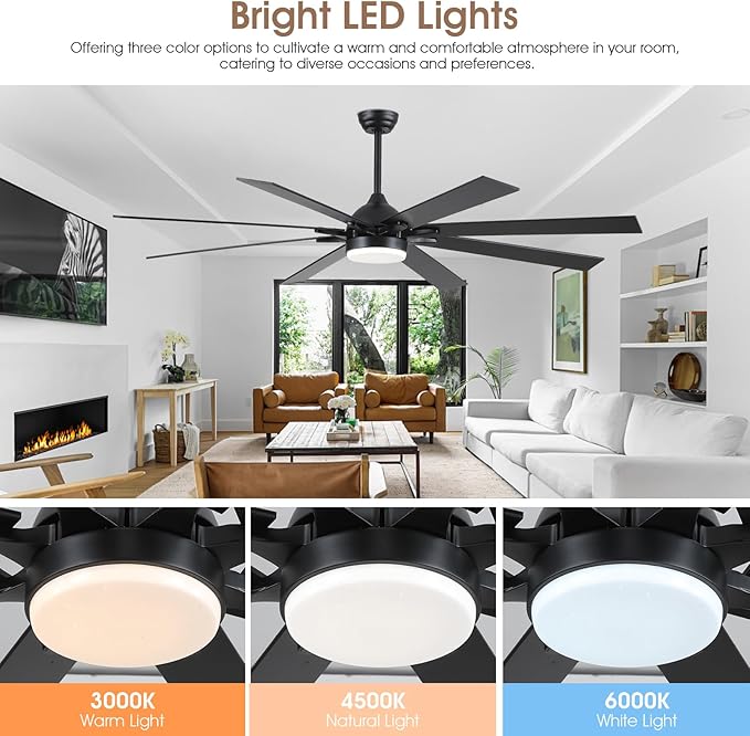 72 Inch Large Ceiling Fans with Lights and Remote, Indoor/Outdoor Black Modern Industrial Ceiling Fan with light for Living Room Patios Porch, Reversible Quiet Motor, 8 Dual Finish Blades
