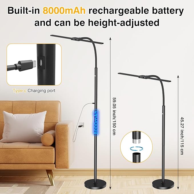 Cordless Rechargeable Floor Lamp, Adjustable Bright Reading Lamps Floor Standing, 15W Dual Head Gooseneck LED Bright Floor Lamp for Dark Rooms with 8000mAh Battery， IP54 Home Lighting