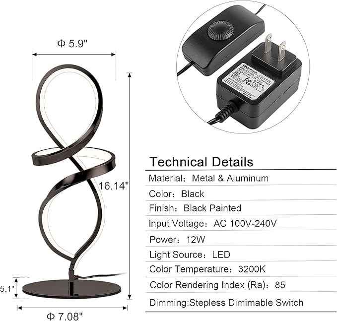 Mayful Modern Table Lamp with LED Spiral Design, Bedside Lamp with Stepless Dimming Switch, Contemporary Nightstand & Black Table Lamp for Bedroom, Living Room, Home Office, 12W 3200K Warm White