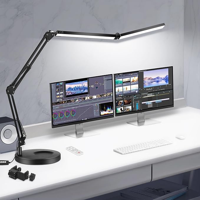 Toolour LED Desk Lamps for Home Office 2 in 1 Double Head Desk Lamp with Clamp Base,Remote Control,Dimmable Architect Clip on Desktop Computer Light Bar with Memory for Workbench Darkroom