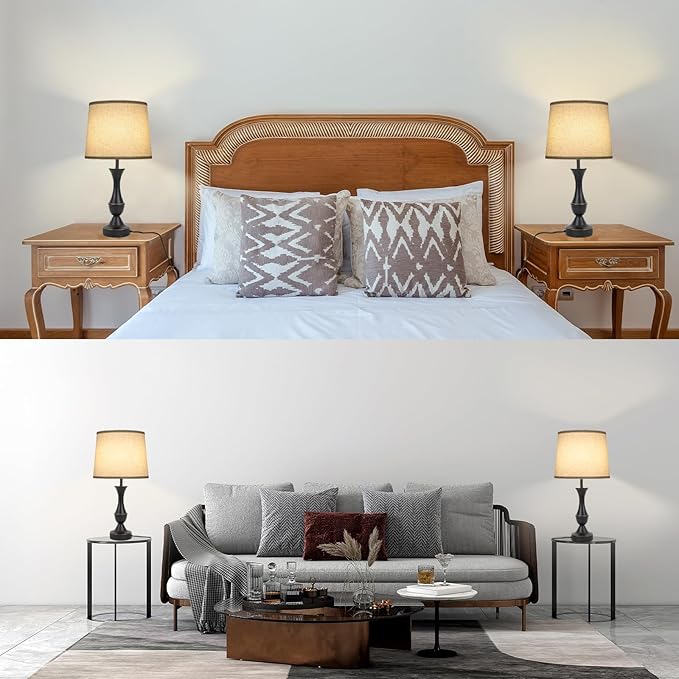 LALISU Touch Lamps for Bedrooms Set of 2, Farmhouse Table Lamp with USB C Charging Port, 3 Way Dimmable Nightstand Lamps with Linen Fabric Lampshade for Bedroom, Living Room (Pack2-Black)