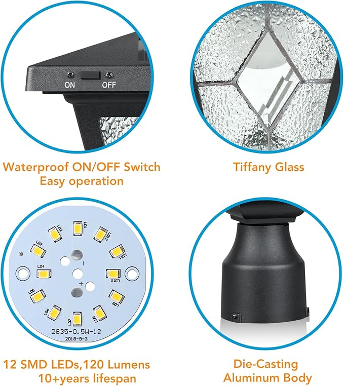 KP4326Q-A Solar Lamp Post Light, Outdoor Lighting, Aluminum LED Solar Pillar Light with Tiffany Glass for Gate Column, Driveway, Matte Black