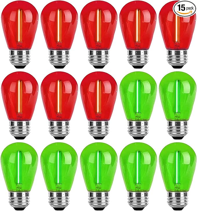 15 Pack S14 Colored LED Bulbs Green and Red Christmas LED Replacement Bulb 1W Outdoor String Light Bulb Plastic Shatterproof Edison Bulb E26 Red Decorative Light for Christmas Patio Home Decor
